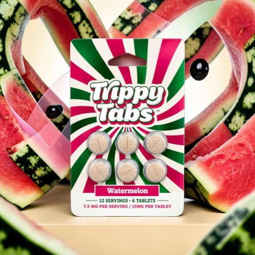 Pack of watermelon-flavored tablets surrounded by watermelon slices.