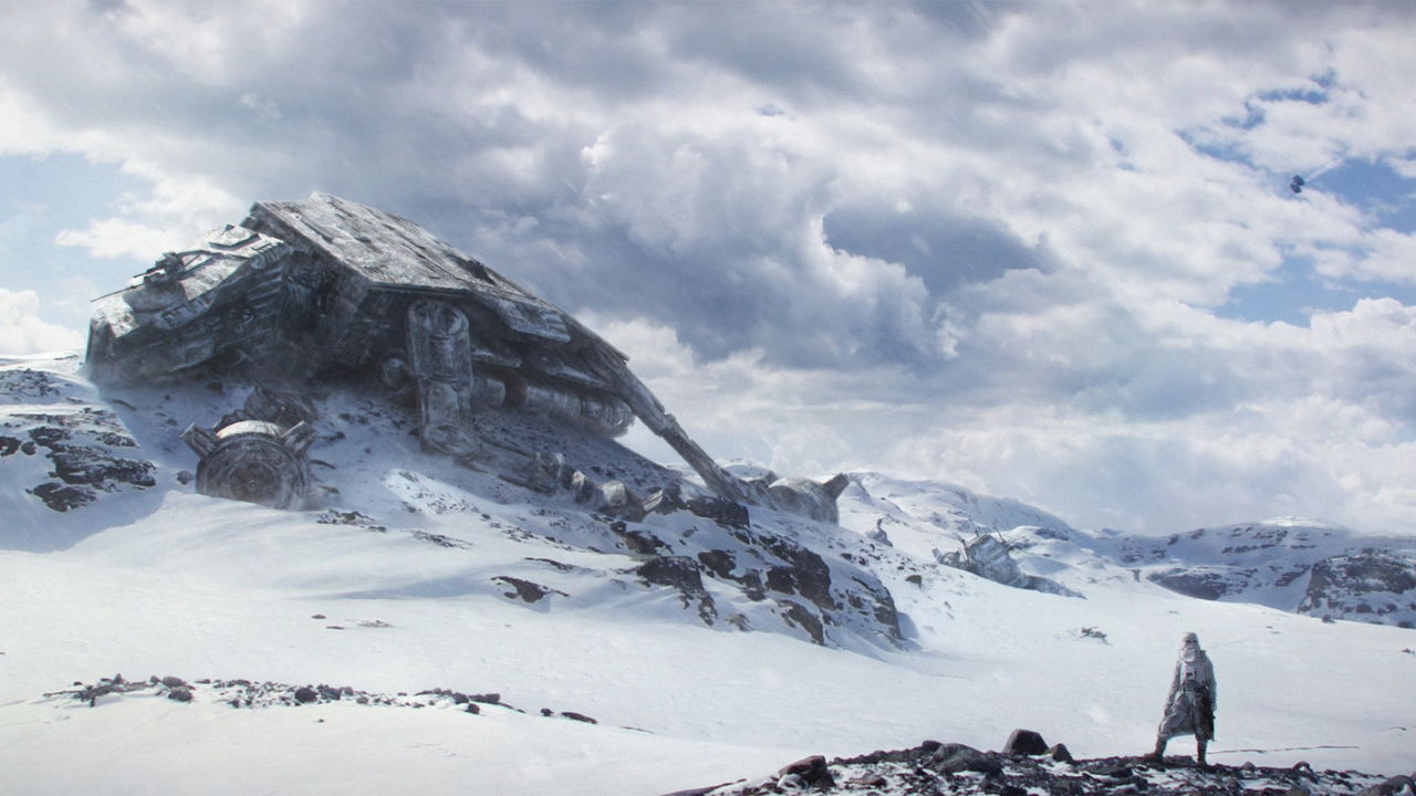 A snowy landscape with a large, crashed object and a lone figure.
