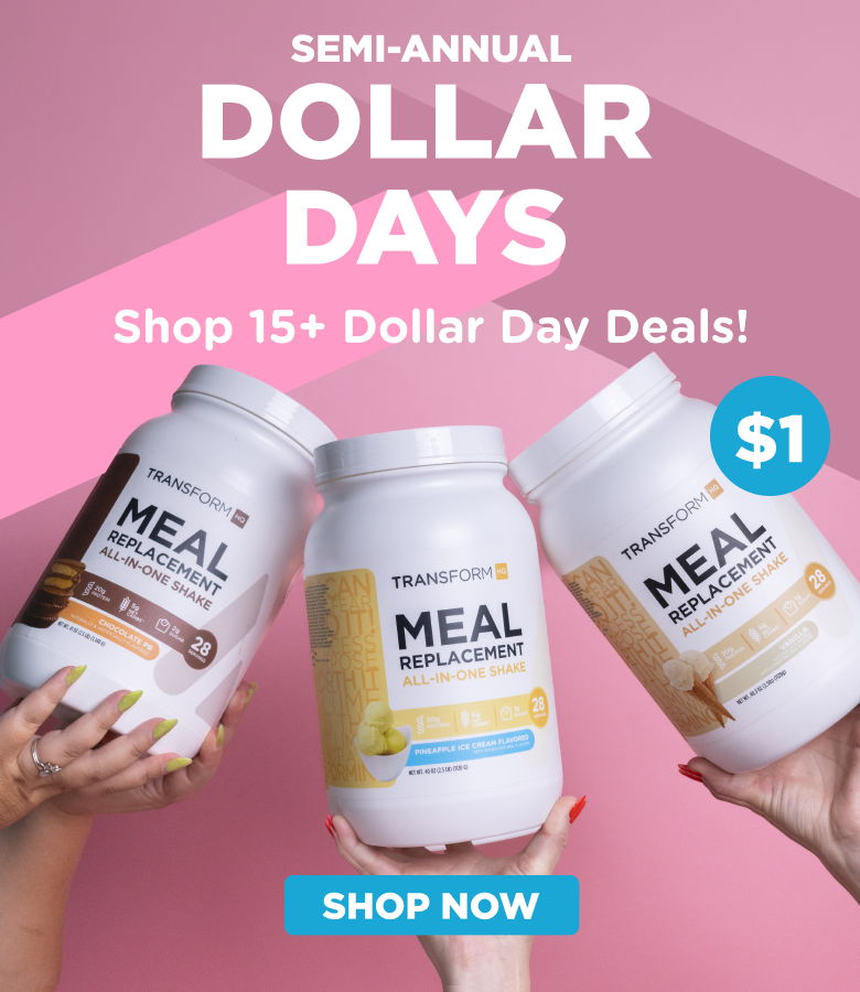Three meal replacement containers with promotional text for Dollar Days sale.