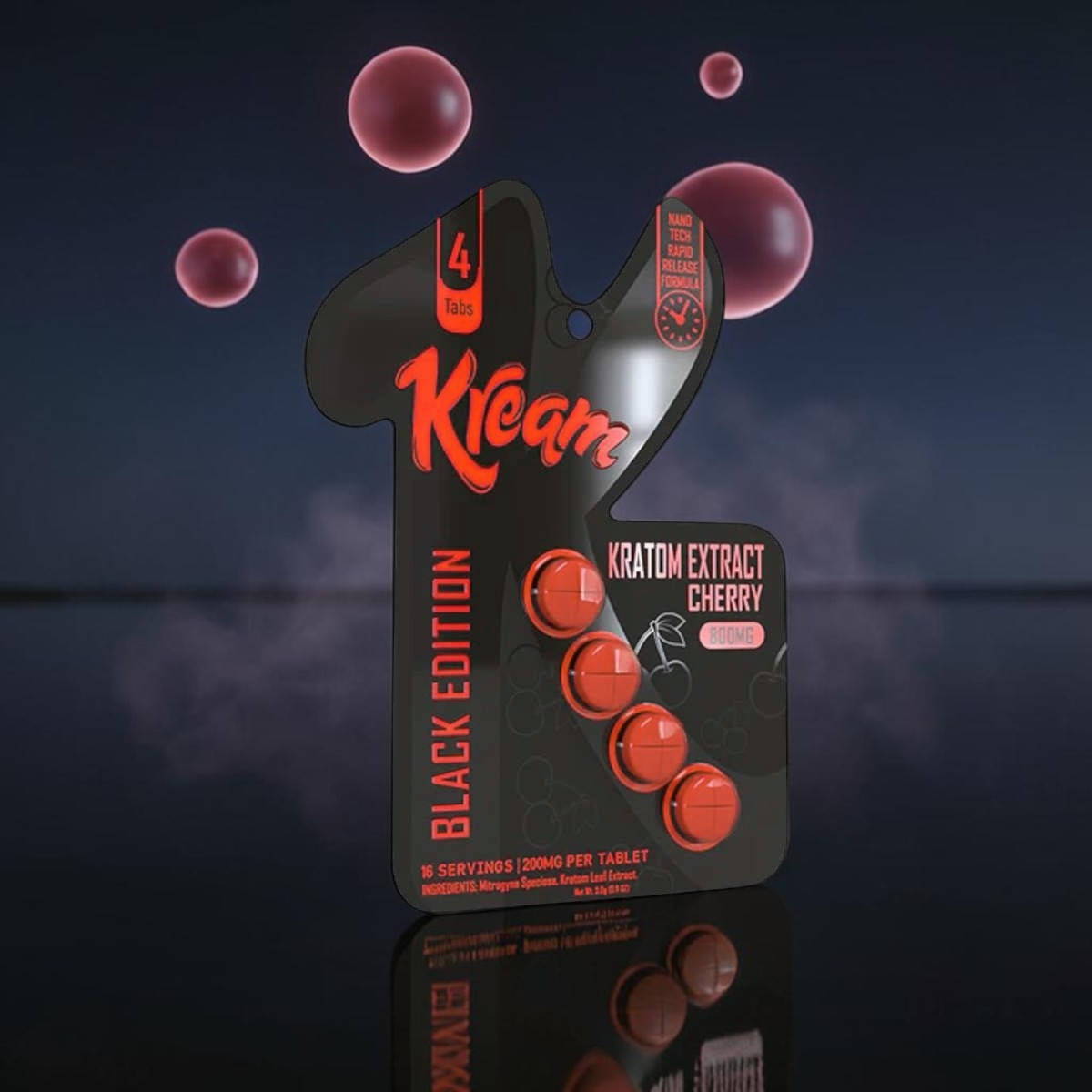 Kleam Black Edition packaging with red bubbles on a reflective surface.
