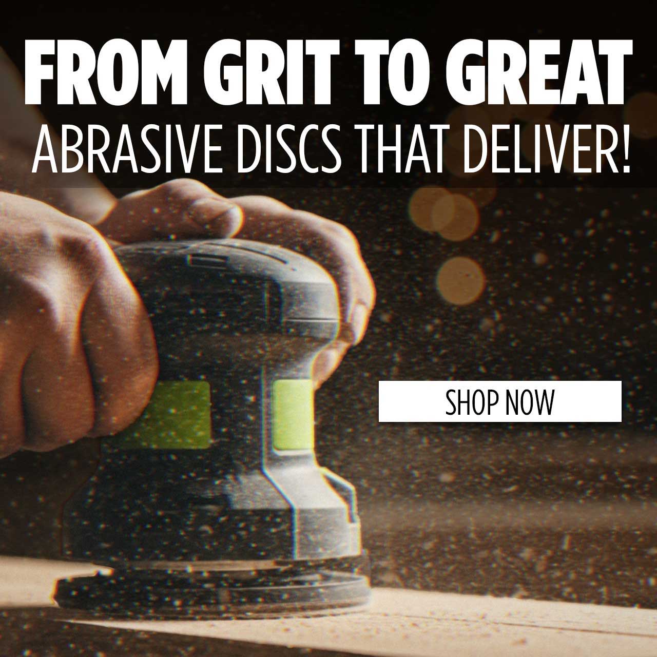 Hand using a sander on wood with promotional text about abrasive discs.