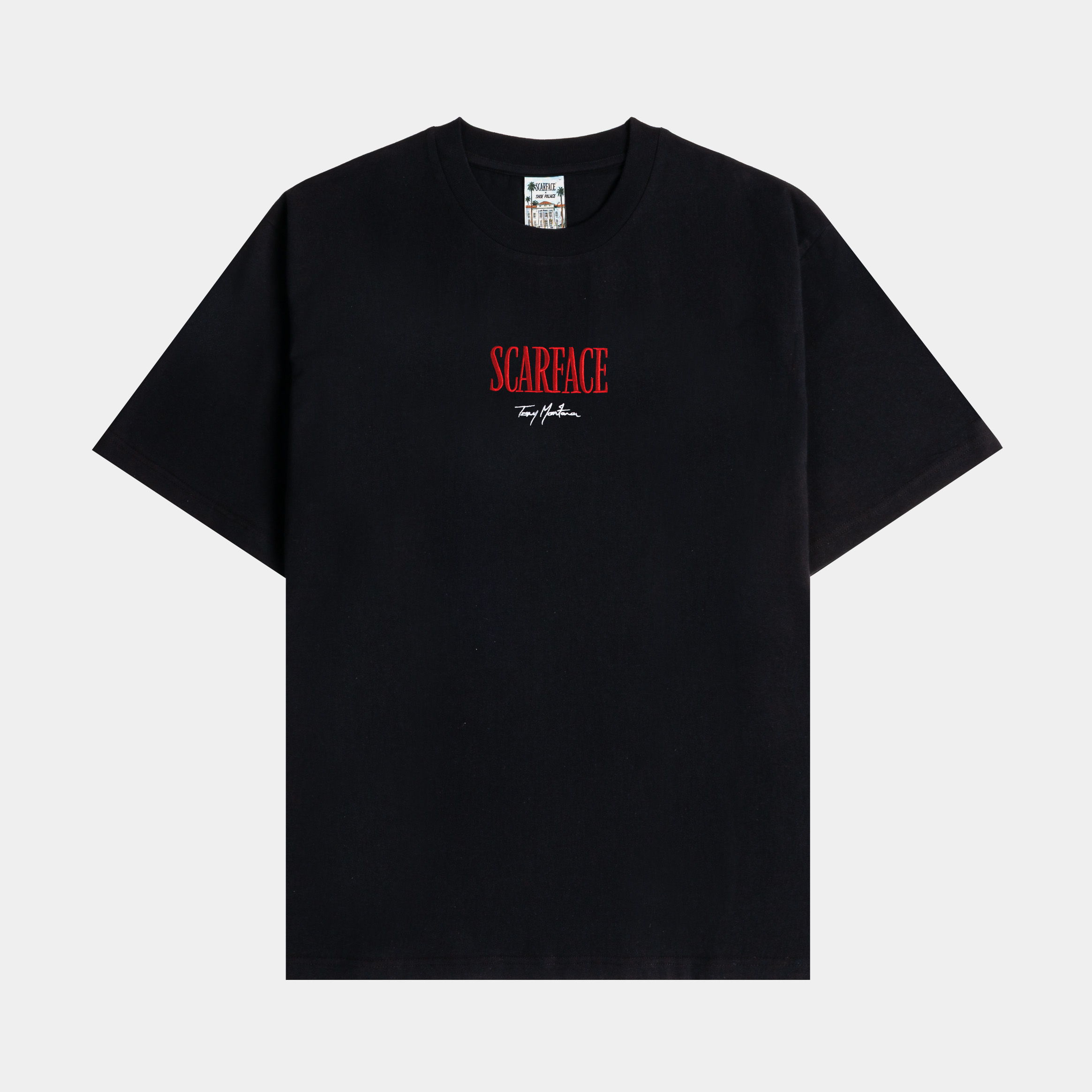 Black t-shirt with red text design on the front.