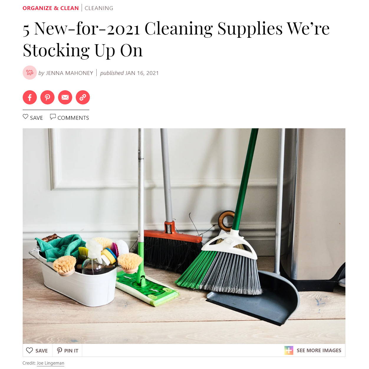 5 New-for-2021 Cleaning Supplies We’re Stocking Up On.  Photo of brooms, sponges, dustpan, and bucket of cleaning items on kitchen floor.
