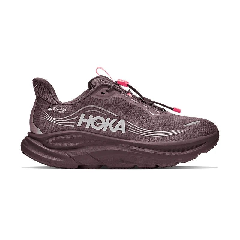 HOKA running shoe in dark purple with pink accents.