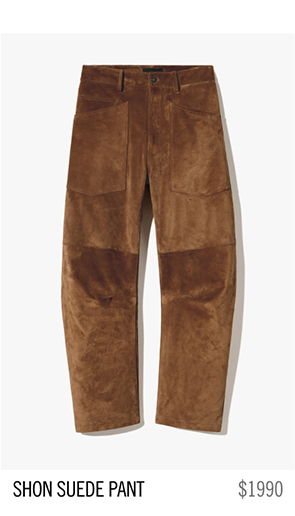 Brown suede pants with multiple pockets, priced at $1990.