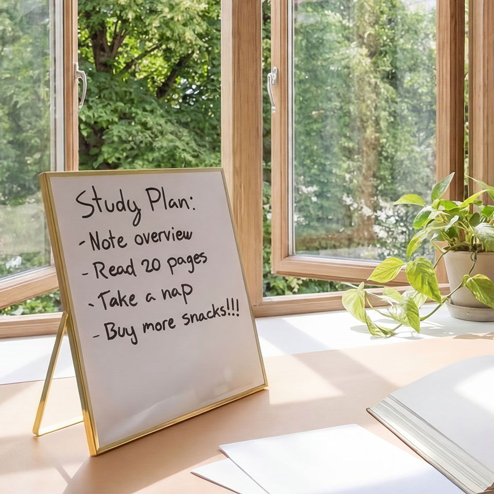 Study plan on a board beside a plant and large windows.