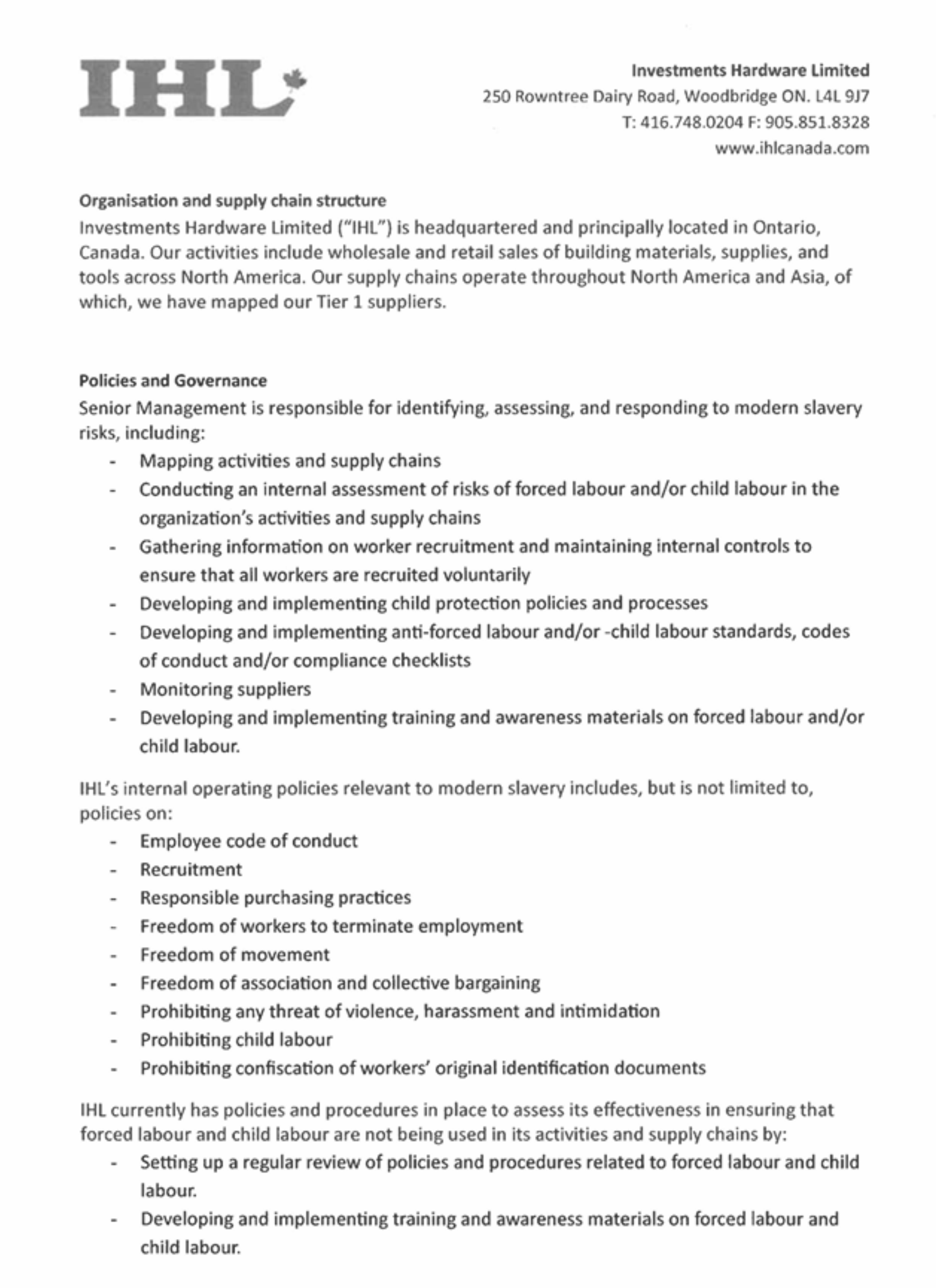 Child Labour Policy IHL Canada 