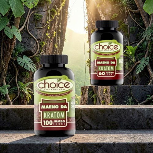 Two kratom supplement bottles on a stone staircase surrounded by greenery.