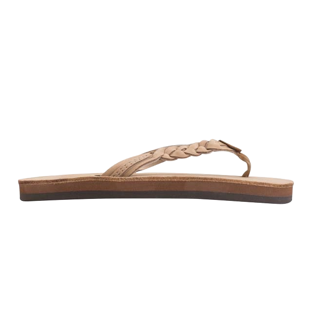 Brown flip-flop sandal with a braided strap on a white background.