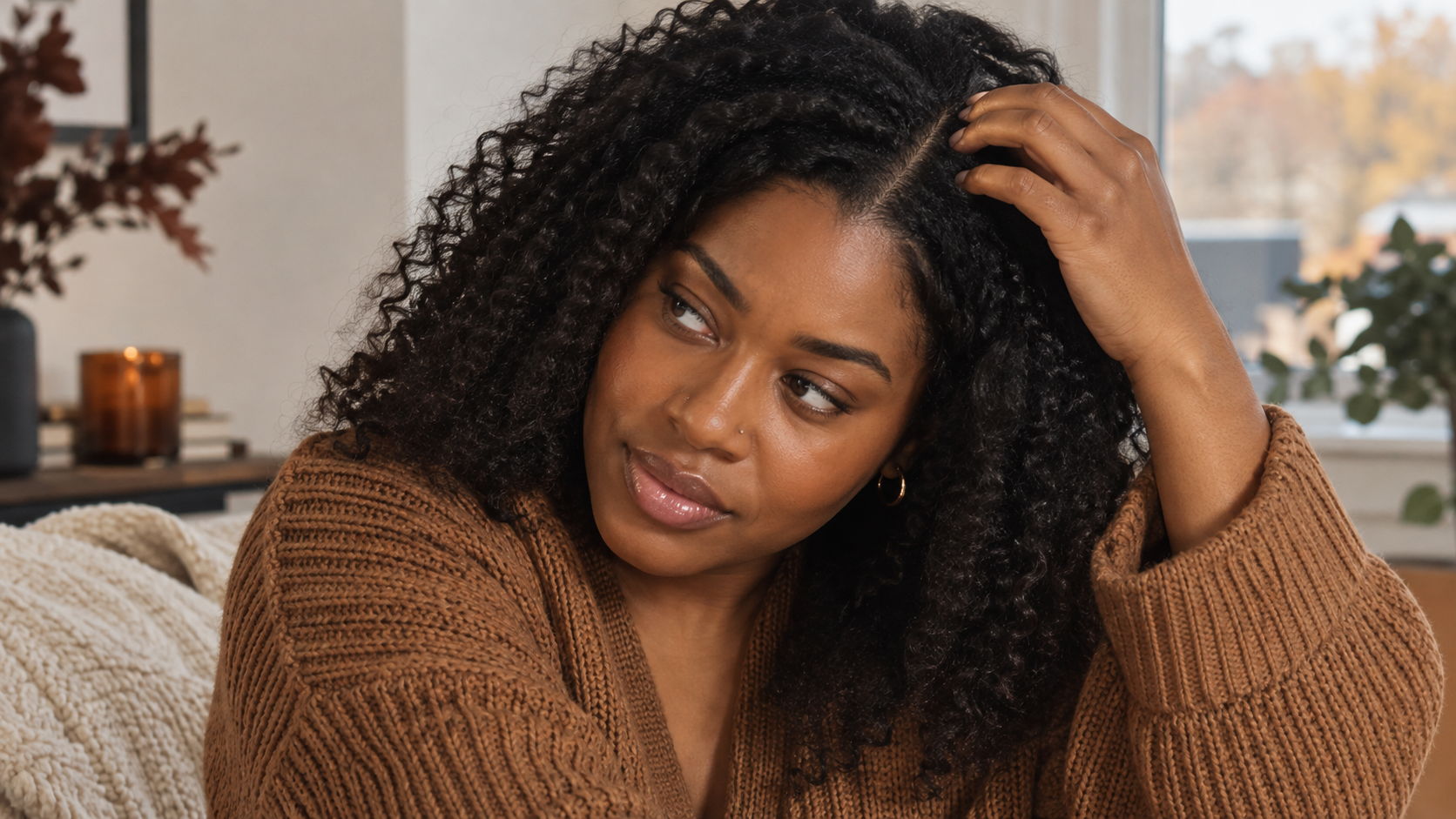 A woman with curly hair sitting indoors, looking thoughtfully while touching her hair.