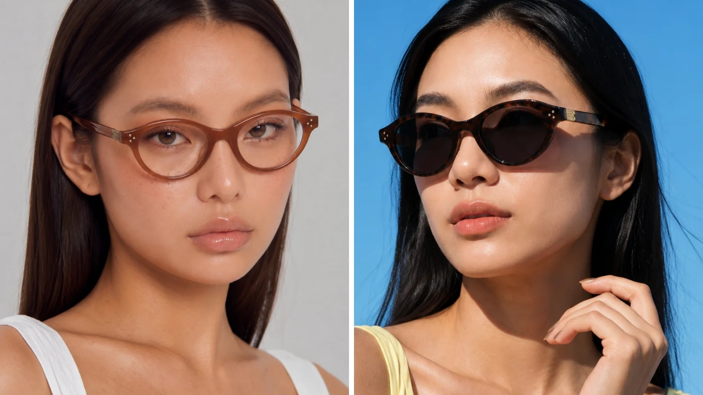 Woman wearing tortoiseshell glasses styled with brushed brows and glossy lips