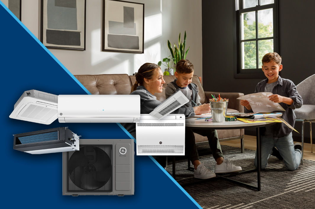 Family enjoying time together with air conditioning units displayed.