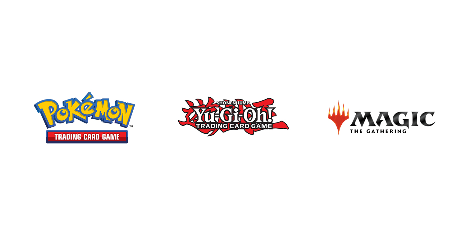 Logos of Pokémon, Yu-Gi-Oh!, and Magic: The Gathering card games.