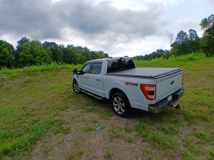 Rear three-quarter view of white Ford F-150 in field