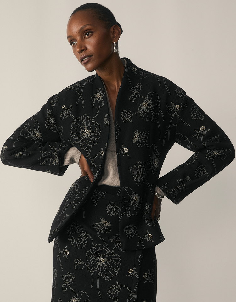 Model wearing Camelia Wool Skirt and Everleigh Wool Jacket Black And Ivory Manteco x Liberty Fabrics