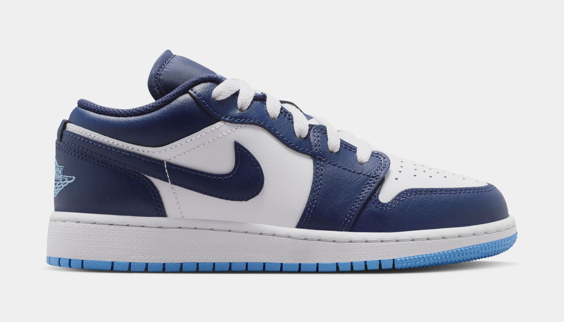 Nike Air Jordan 1 sneaker in navy blue and white colorway.