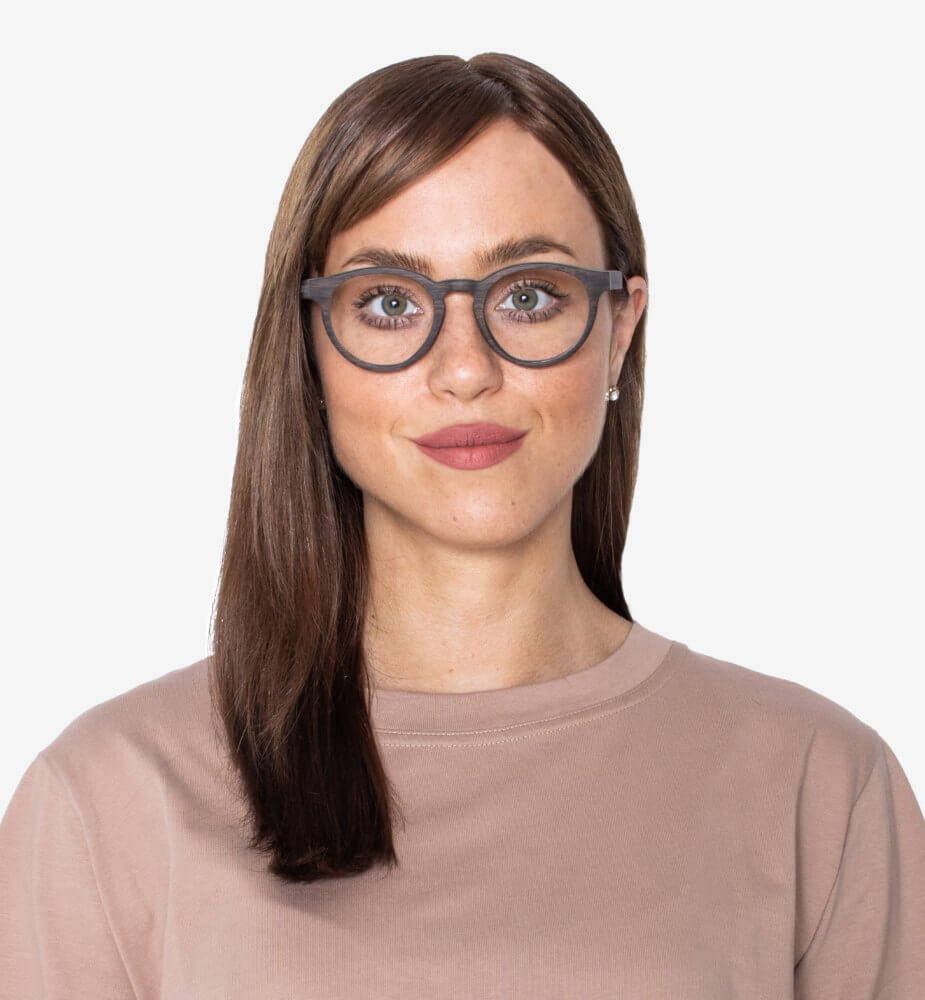Woman wearing Cheer Black , Retro Round Eyeglasses made from Oak Wood
