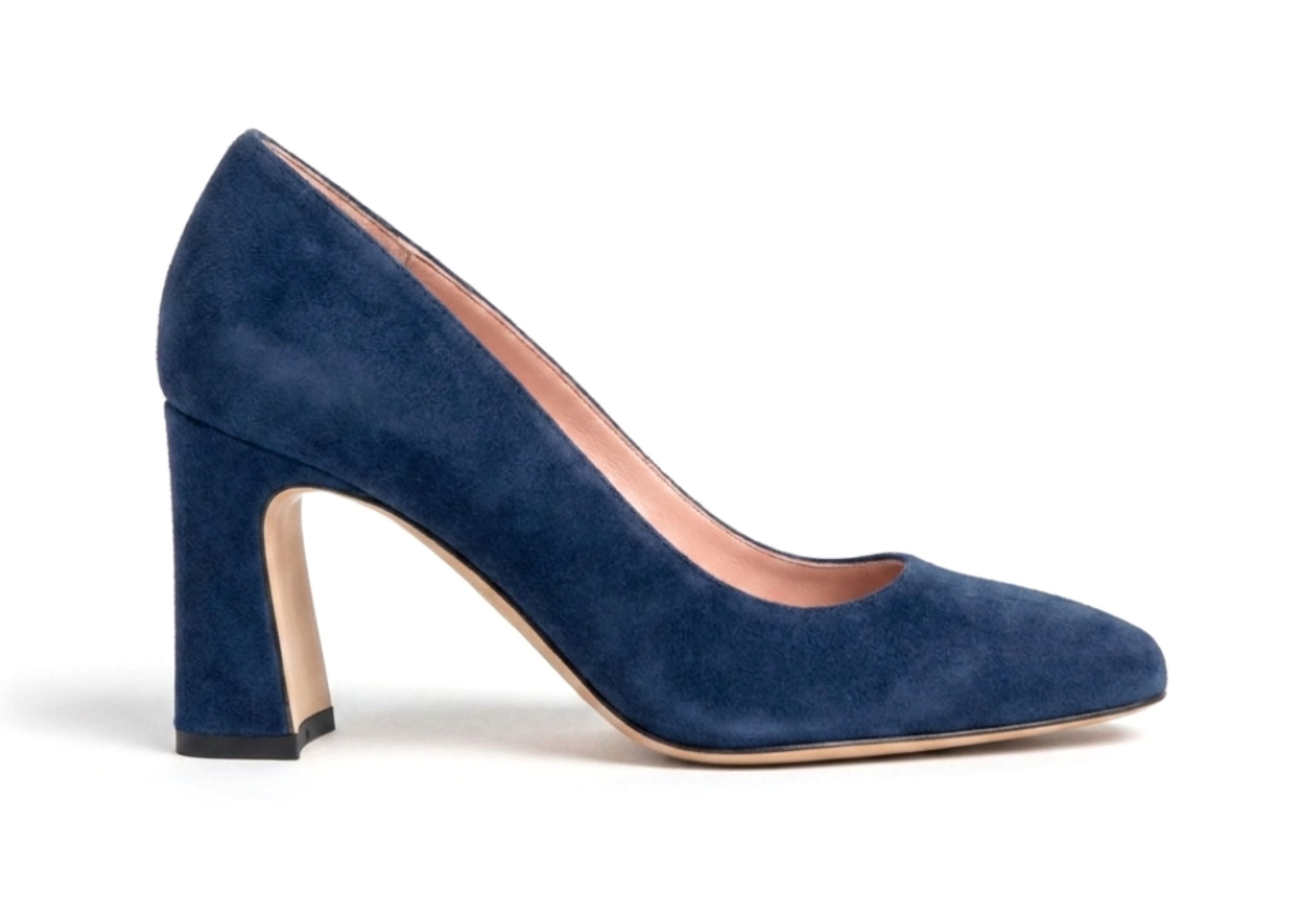 Navy blue suede high heel shoe with a chunky heel.