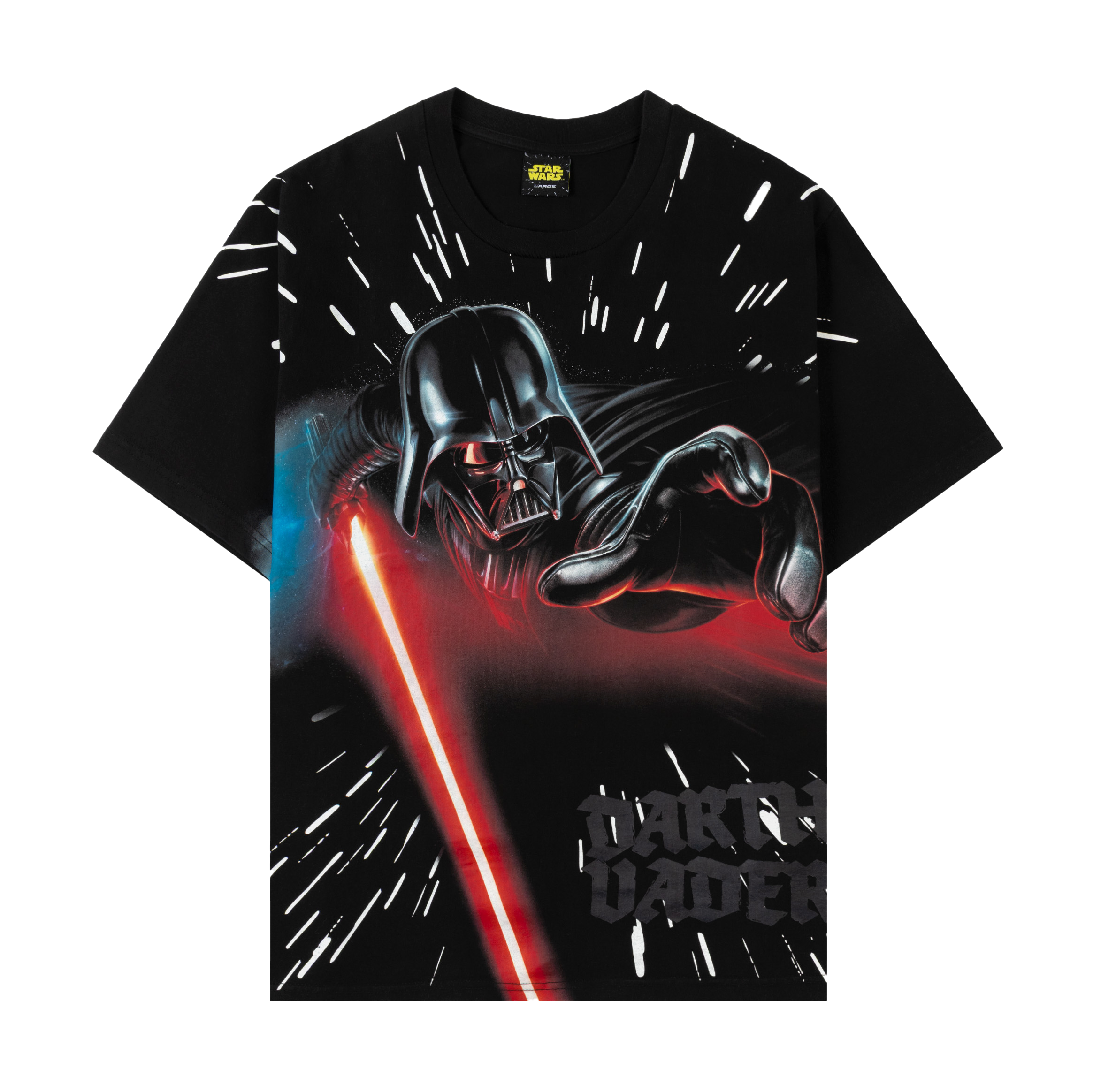 Black t-shirt featuring Darth Vader with a red lightsaber and space background.