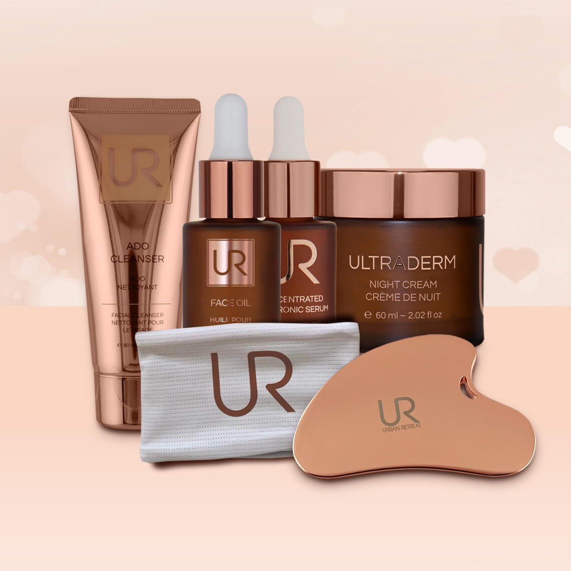 A collection of skincare products with elegant packaging on a soft background.