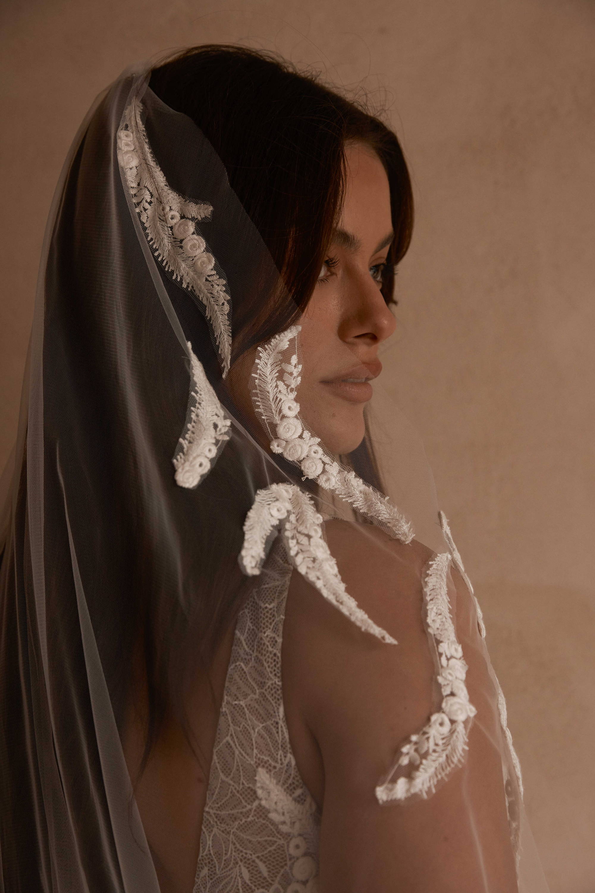 Feathered detailing of Solstice gown