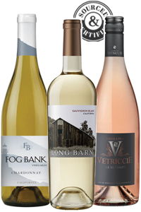 Three wine bottles with labels: Fog Bank, Long Barn, and Vetrice.
