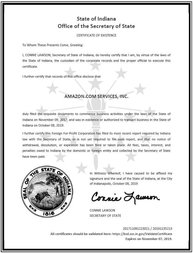 Indiana Certificate of Good Standing | DBI Global Filings, LLC