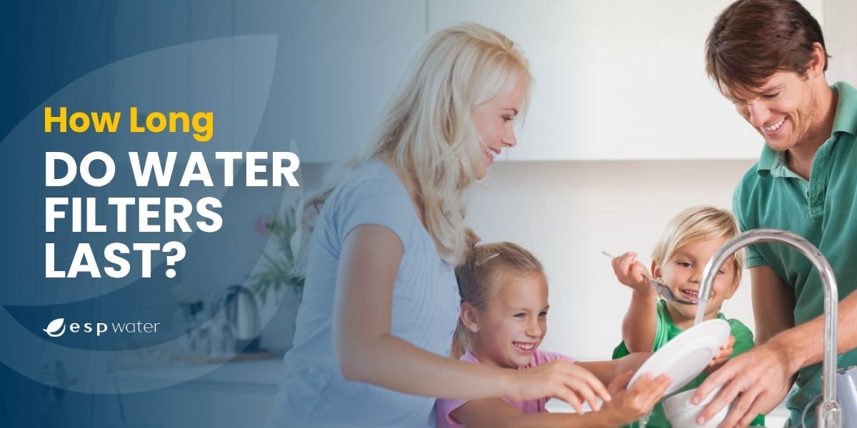 Family discussing water filters in a kitchen setting.