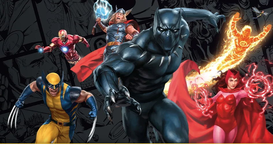 mtg marvel superheroes card list Superheroes in action, featuring Black Panther, Wolverine, Scarlet Witch, and others.