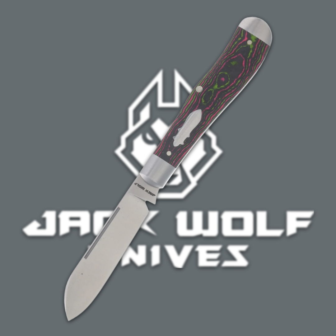 Knife with a wooden handle against a logo background for Jack Wolf Knives.