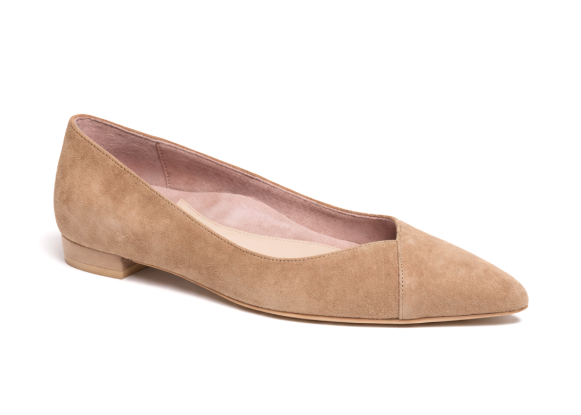 A tan suede flat shoe with a pointed toe.