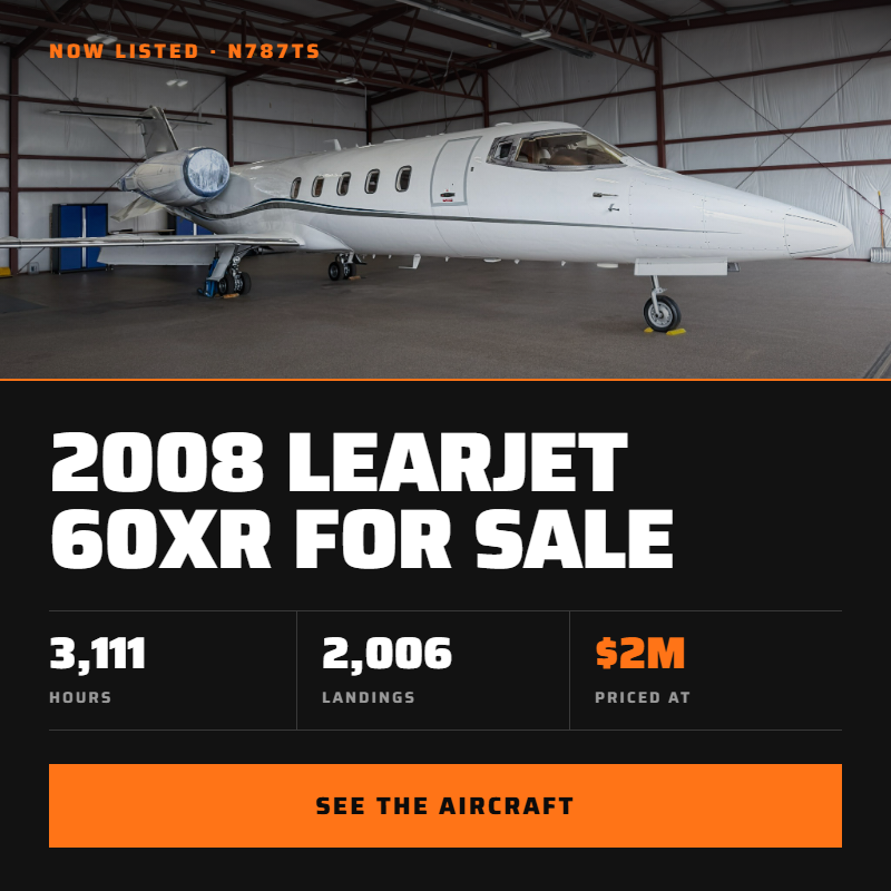 2008 Learjet 60XR for sale, $2M, 3,111 hours, 2,006 landings from BAS Part Sales.