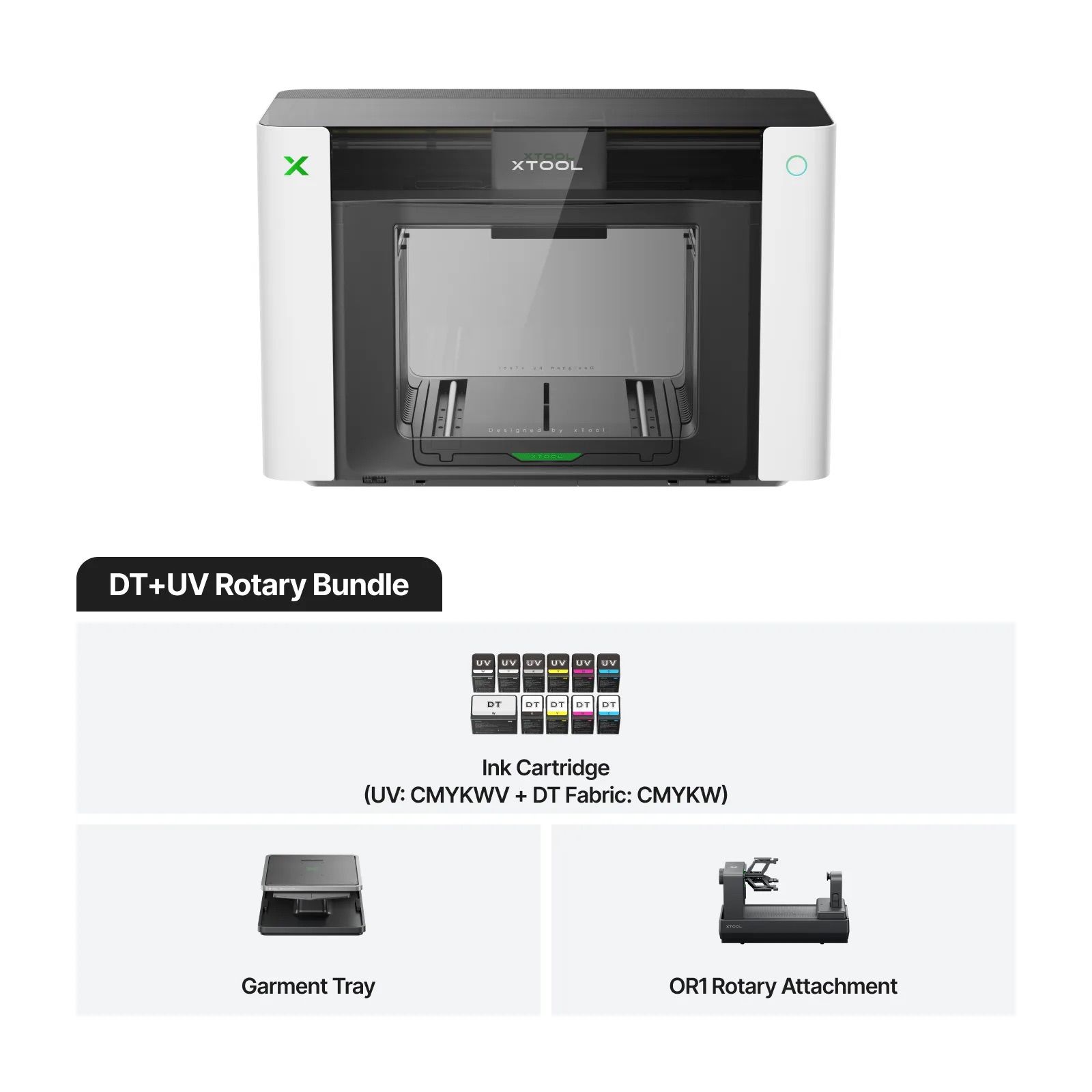 Printer with ink cartridge, garment tray, and rotary attachment details.