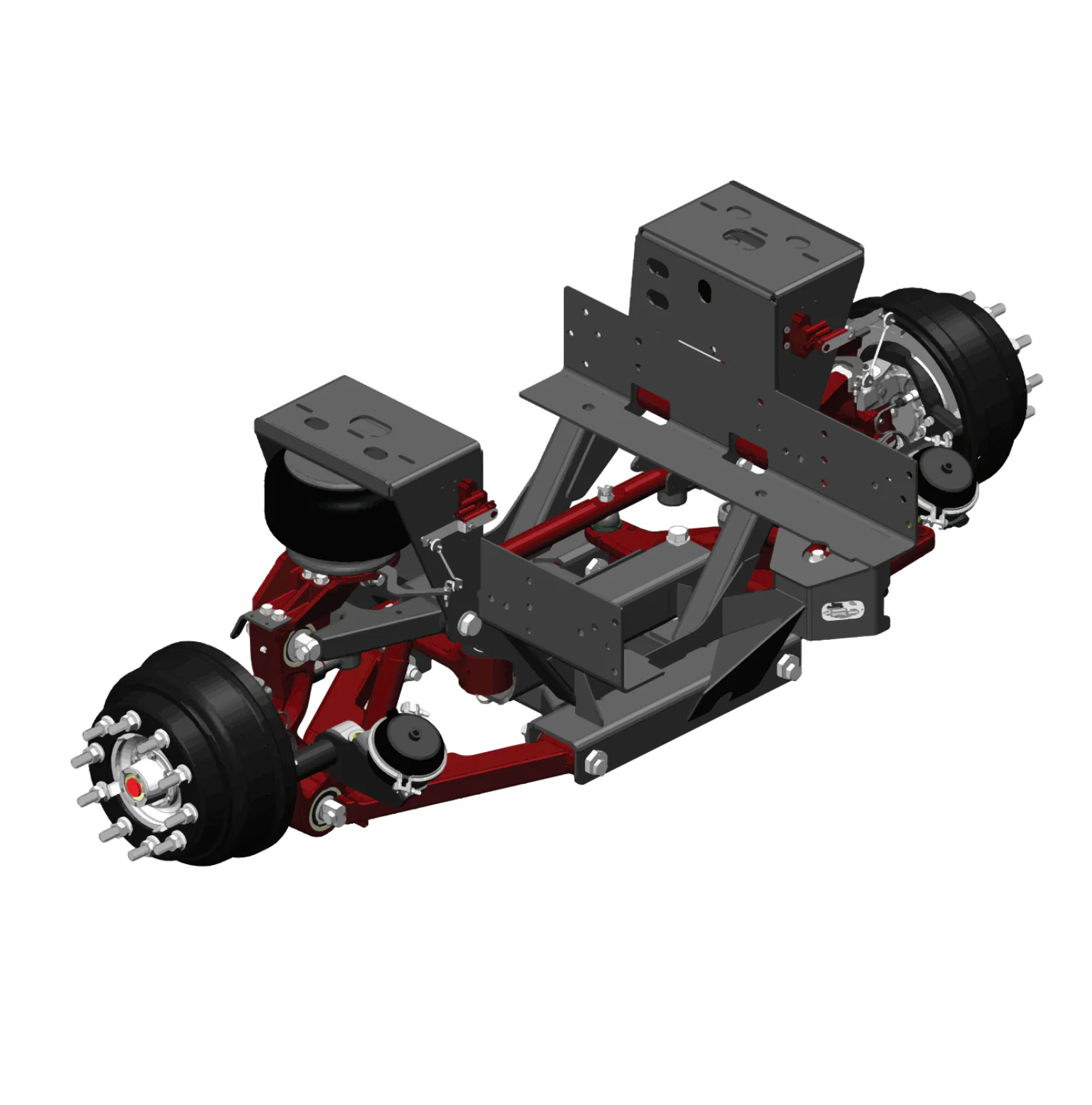 3D model of a vehicle chassis with wheels and suspension components.