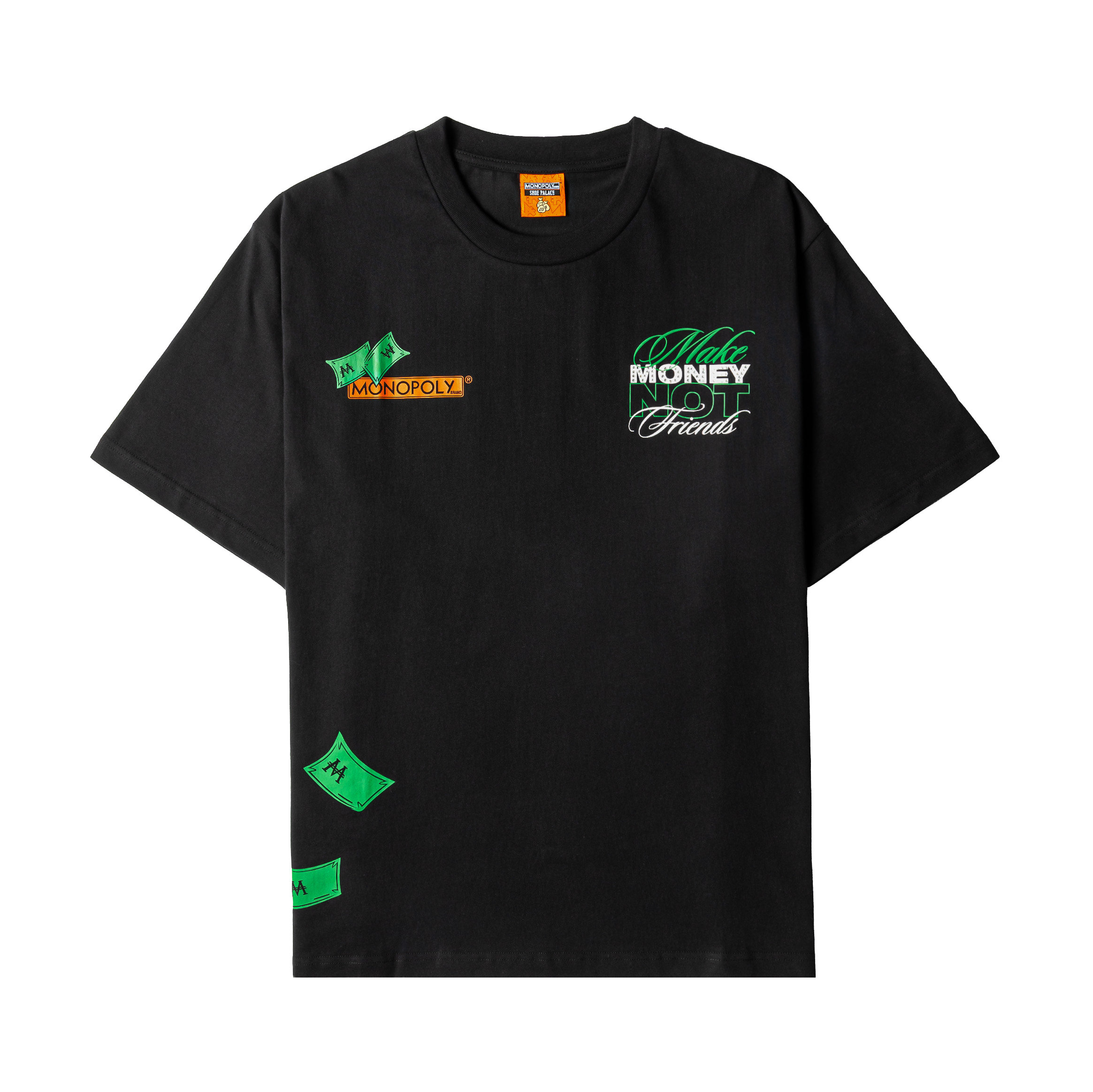 Black t-shirt with green graphics, including money symbols and text.