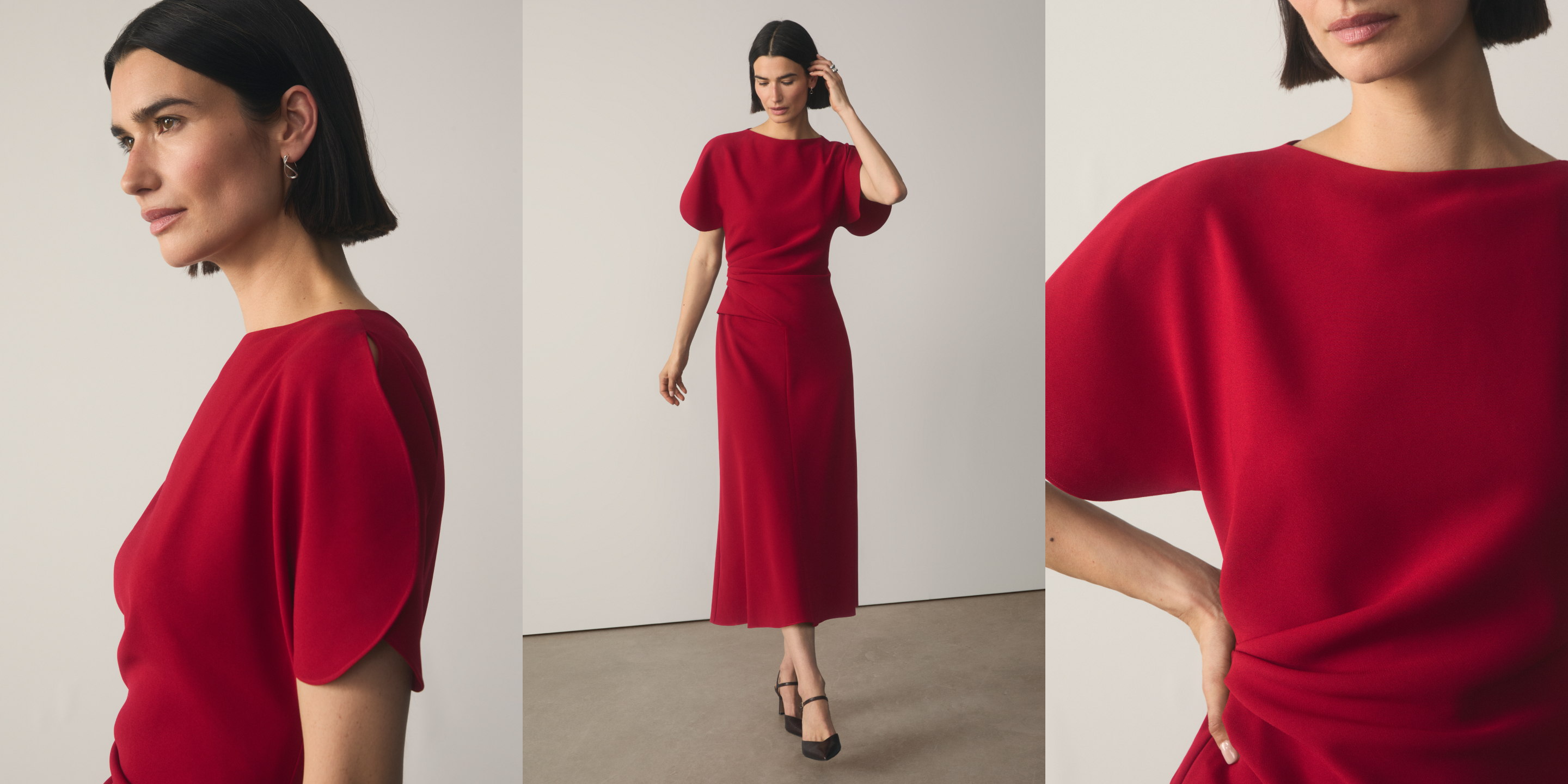 Model wearing Salerno dress in deep red