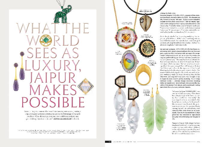 Magazine spread featuring jewelry designs and luxury text about Jaipur.