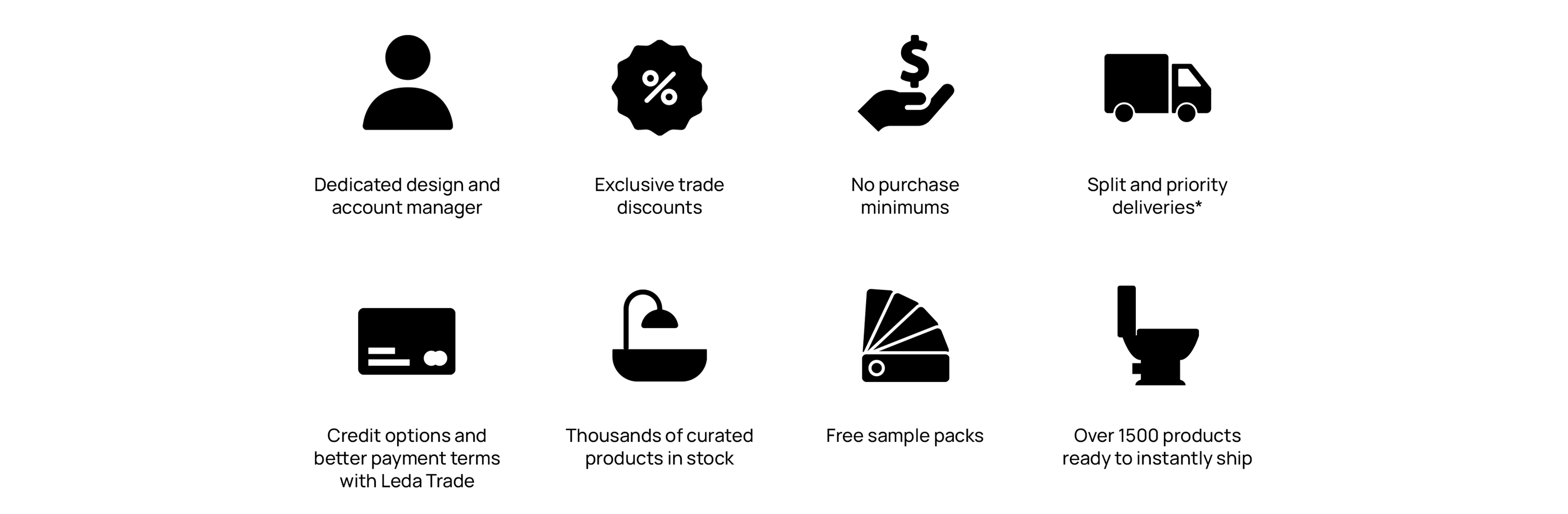 Benefits include: dedicated design and account manager, exclusive trade discounts, no purchase minimums, split and priority deliveries, credit options and better payment terms with Leda Trade, thousands of curated products in stock, free sample packs, over 1500 products ready to instantly ship