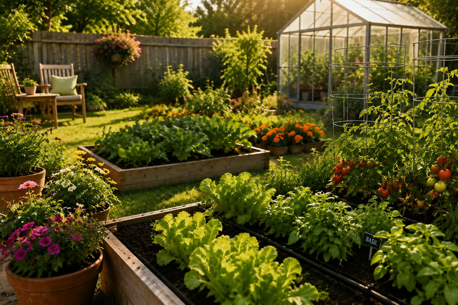 A lush garden with raised beds, flowers, and a greenhouse in sunlight.