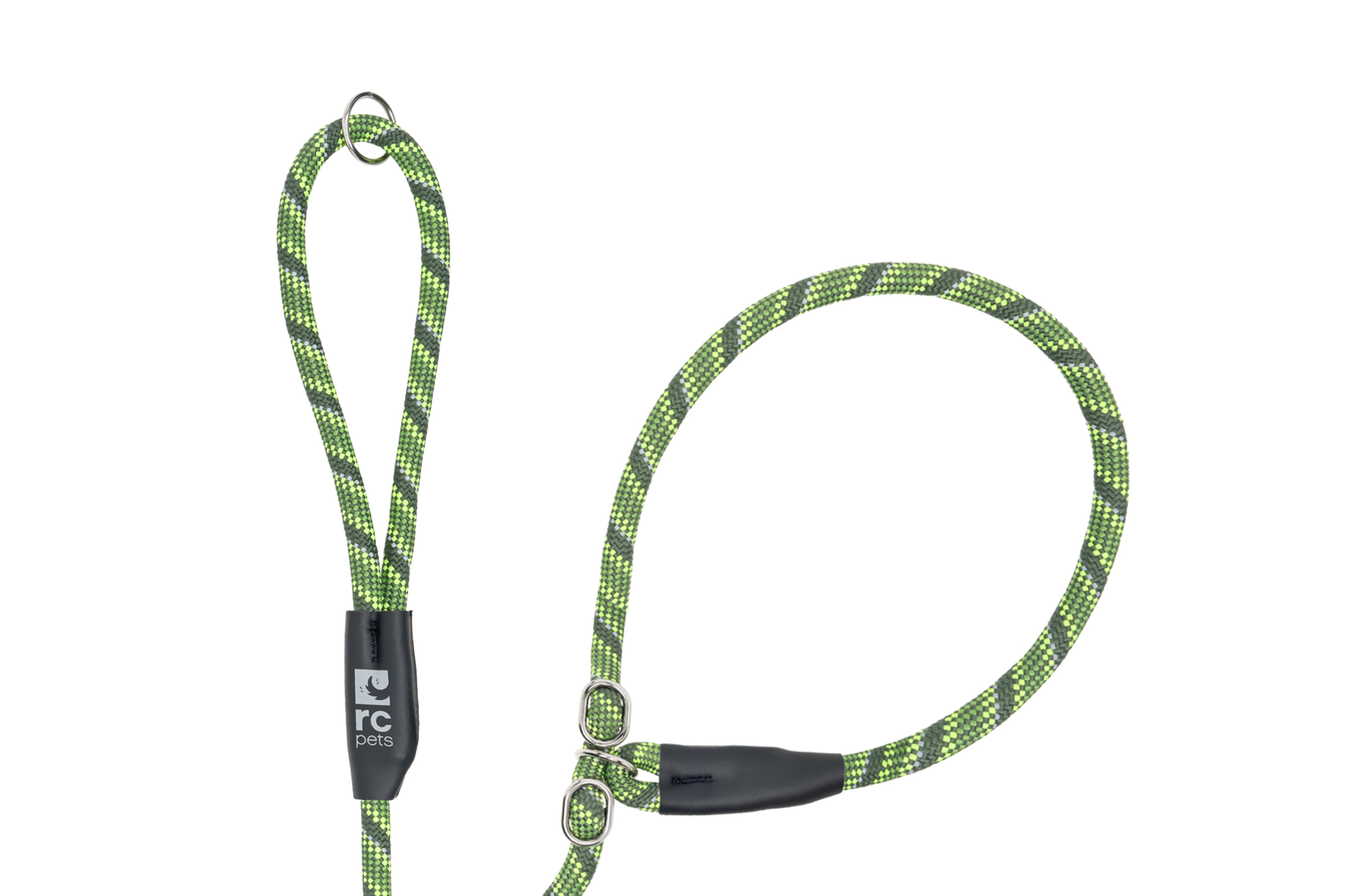Green and black climbing rope with loops at both ends.