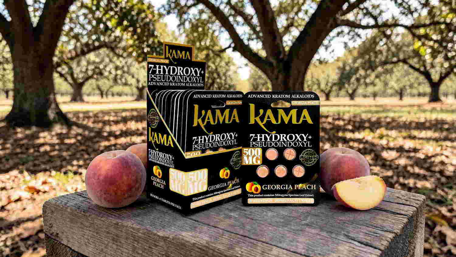 Boxes of Kama products with peaches in an orchard setting.