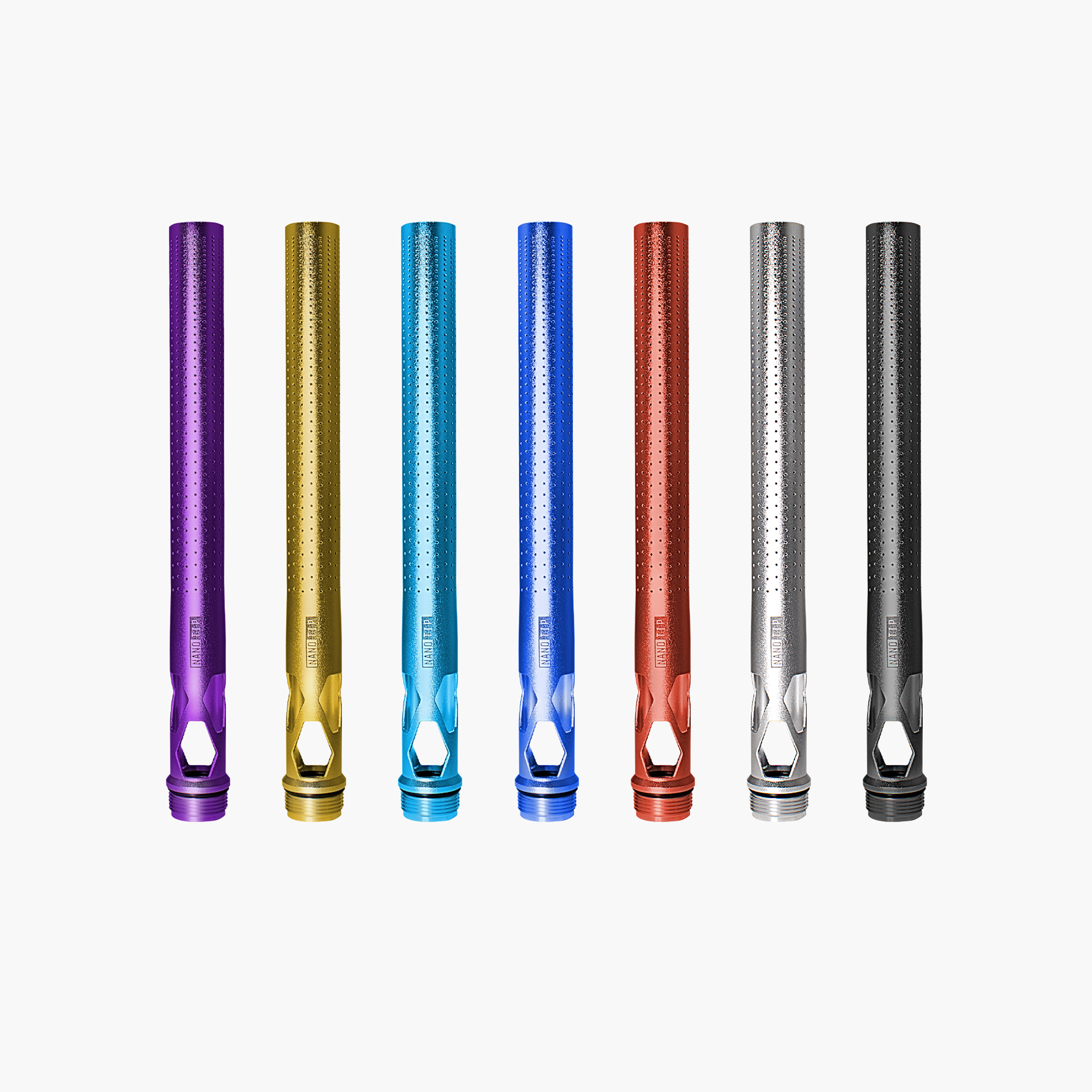 Colorful paintball barrel tips arranged in a row on a white background.