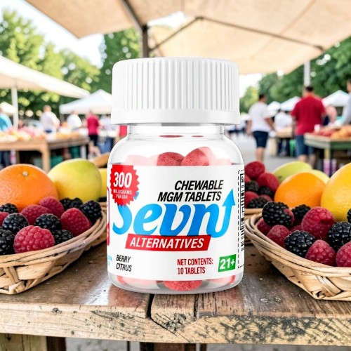 Bottle of chewable tablets with fruit background at a market.