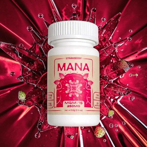 A bottle of MANA dietary supplement on a red background with splashes.