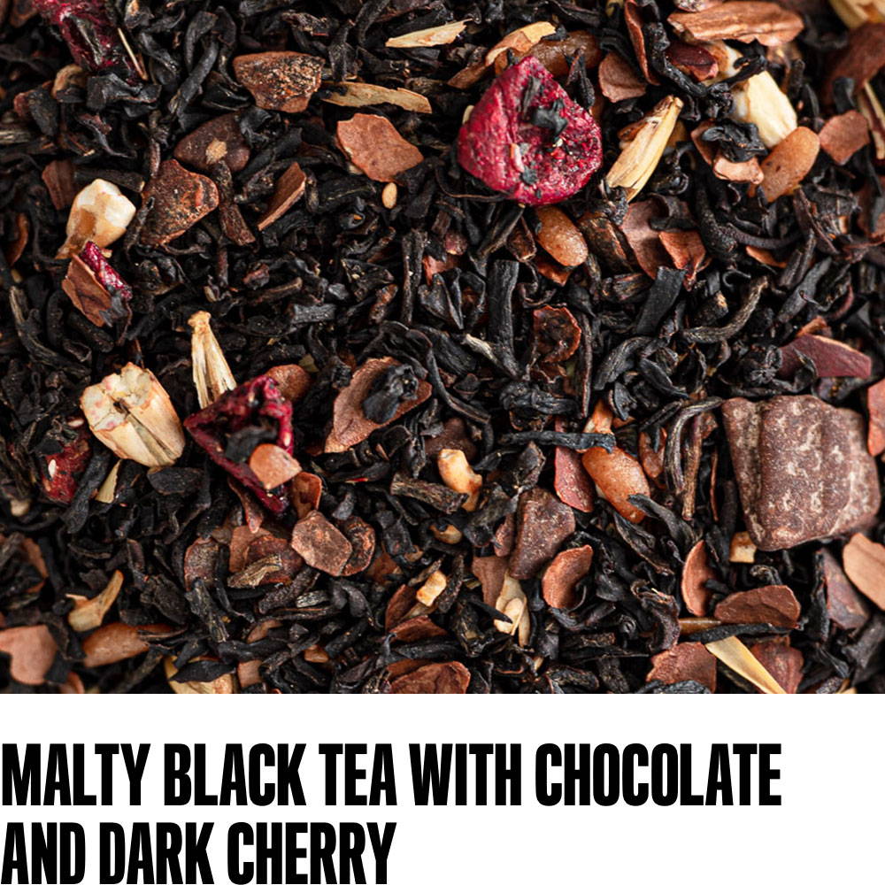malty black tea with chocolate and dark cherry