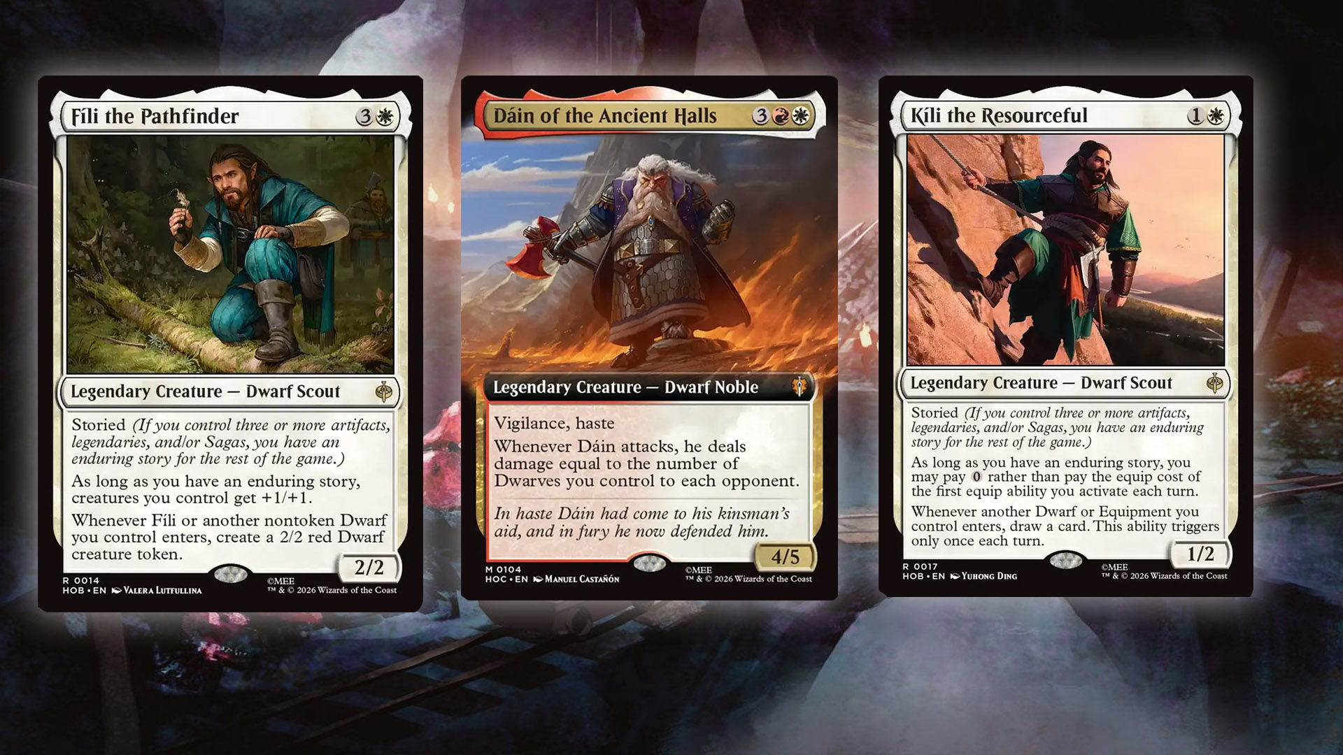 A selection of Legendary Dwarf typal cards from the MTG The Hobbit expansion.