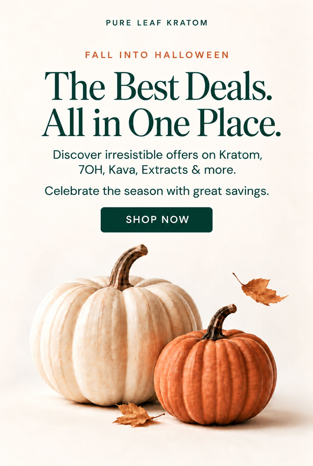 Fall-themed advertisement featuring pumpkins and promotional text for Pure Leaf Kratom.