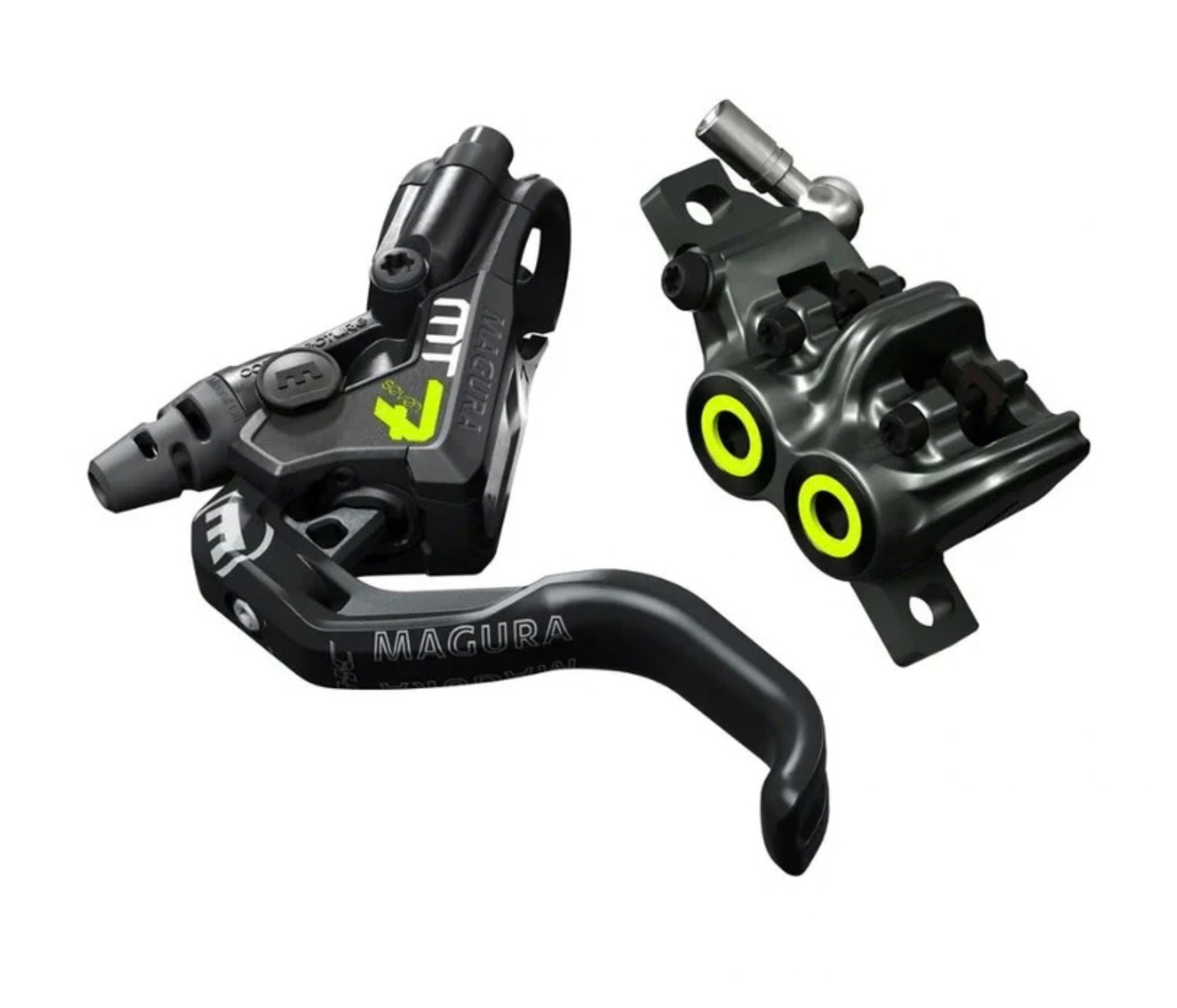 Bicycle brake lever and caliper assembly with bright yellow accents.