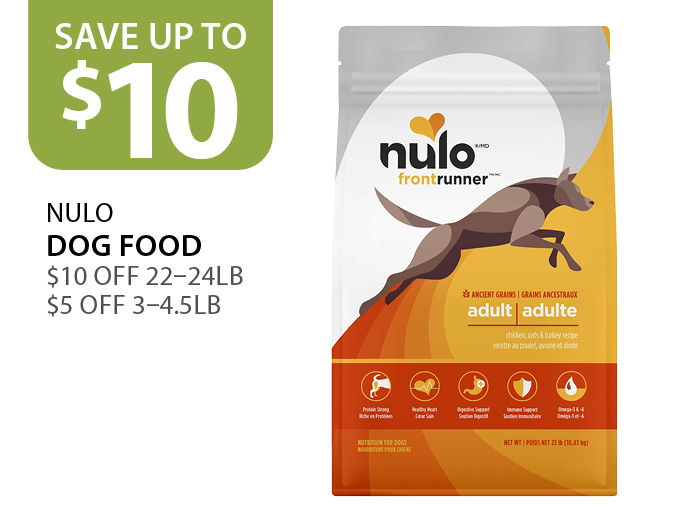 $10 off Nulo dog food 22–24lb and $5 off 3–4.5lb
