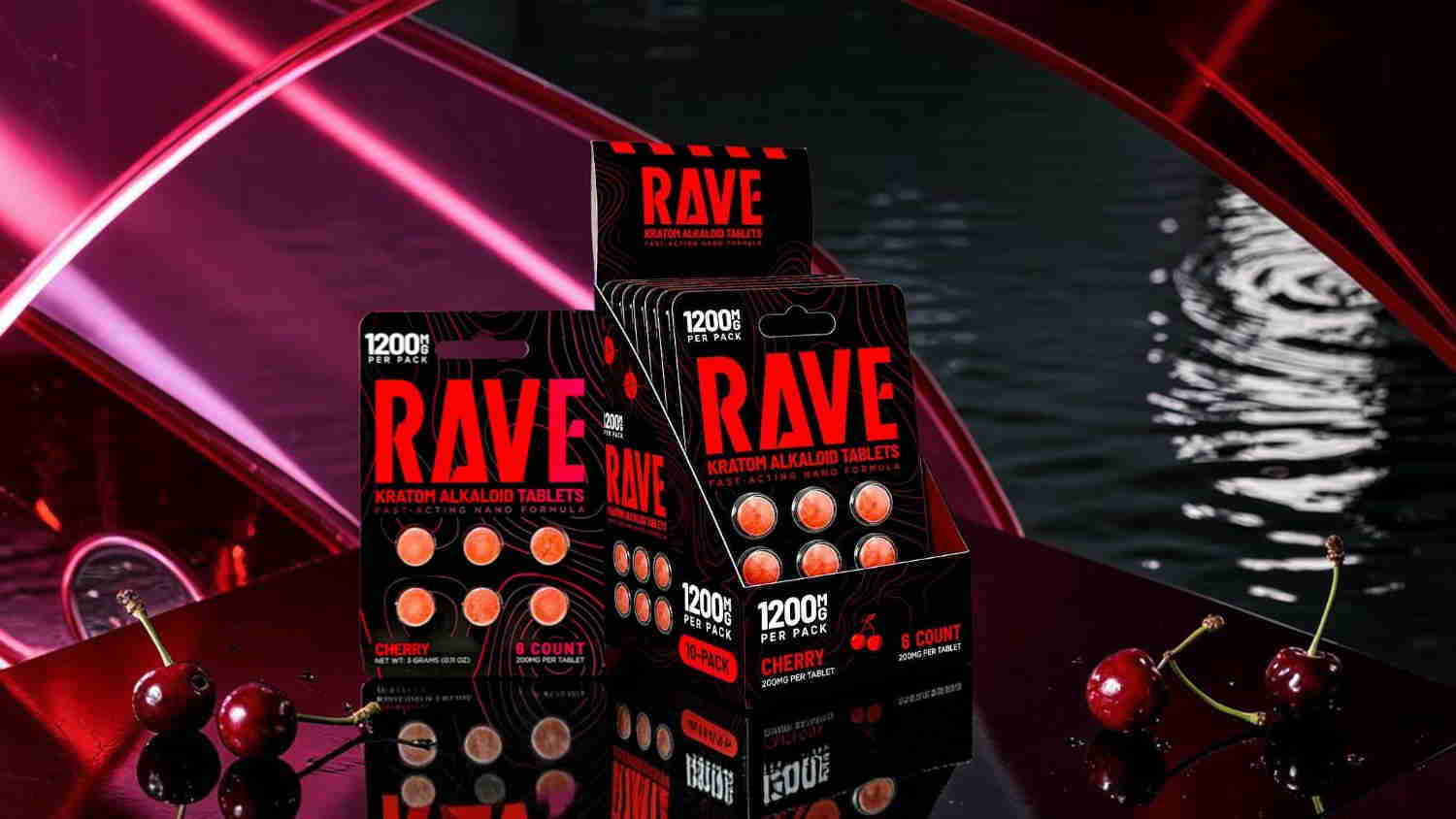 Boxes of RAVE candy with cherries and a reflective background.